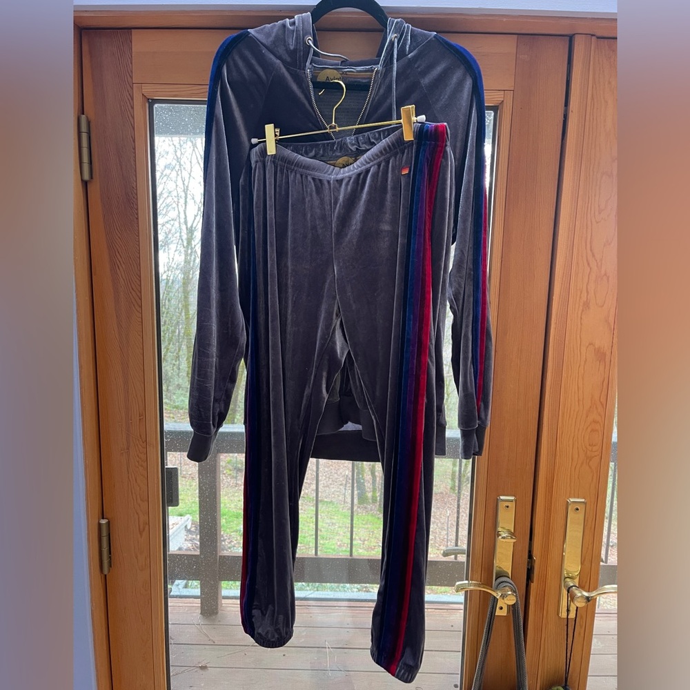 Rare Aviator Nation Silver Velvet Velour Zip-Up Hoodie XL & Pant M Set